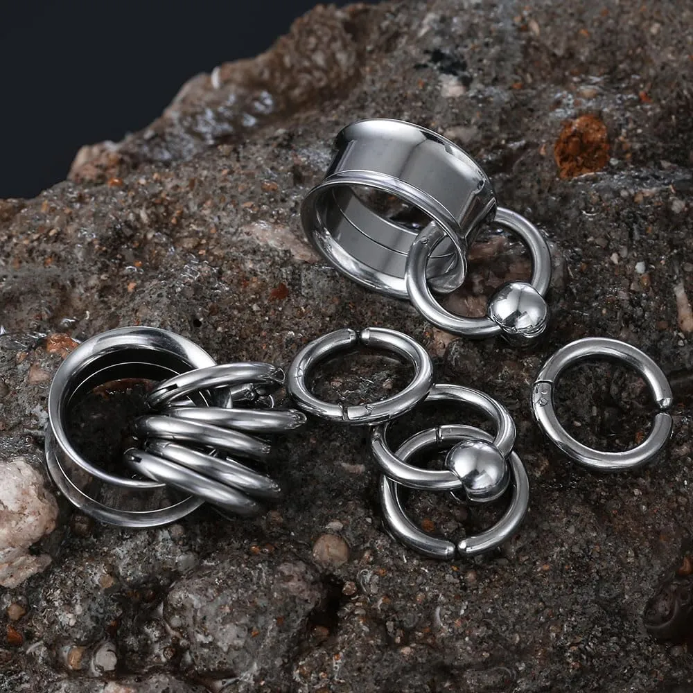 2 Pcs Ear Plugs Tunnels with 10 Pcs Stacked Rings and 2 Pcs Beads Stainless Steel Ear Gauges, Size 2g - 1 inch Surgical Steel Ear Stretcher Expander Body Jewelry