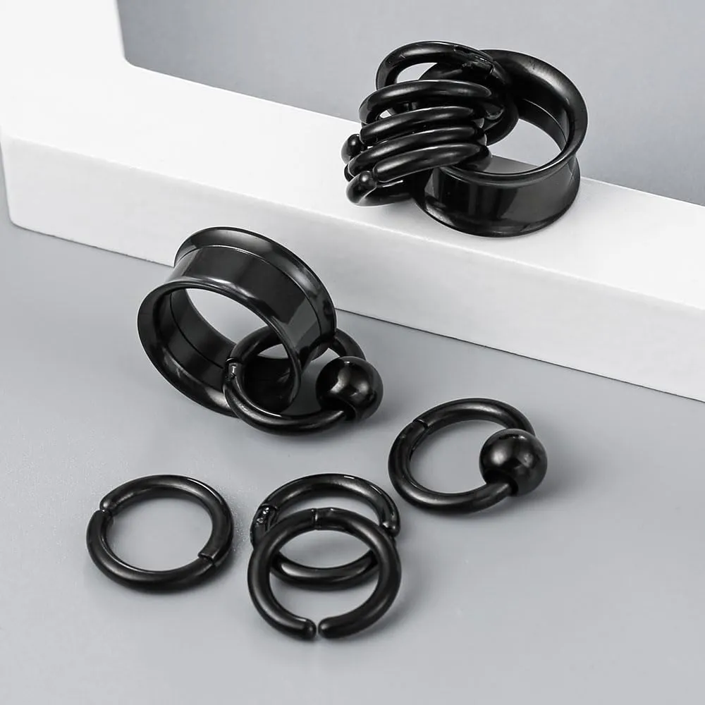 2 Pcs Ear Plugs Tunnels with 10 Pcs Stacked Rings and 2 Pcs Beads Stainless Steel Ear Gauges, Size 2g - 1 inch Surgical Steel Ear Stretcher Expander Body Jewelry