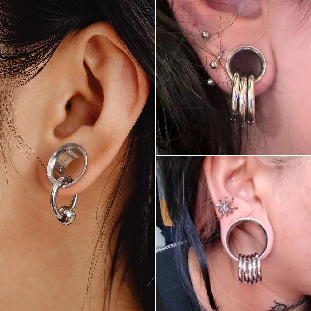 2 Pcs Ear Plugs Tunnels with 10 Pcs Stacked Rings and 2 Pcs Beads Stainless Steel Ear Gauges, Size 2g - 1 inch Surgical Steel Ear Stretcher Expander Body Jewelry