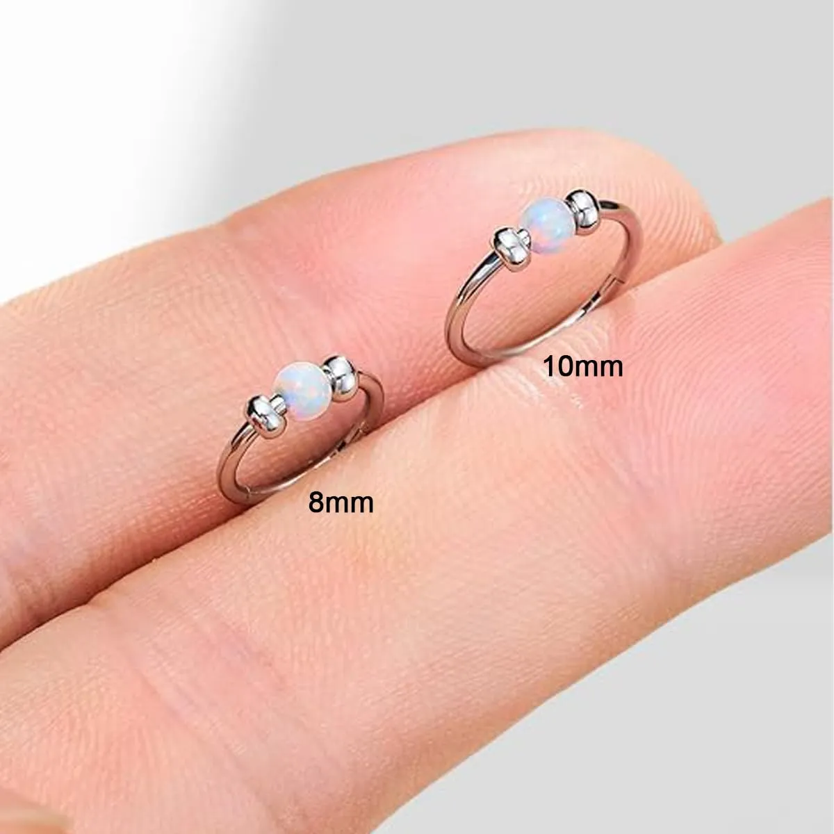 2 Pcs Small Cartilage Hoop Earrings for Women Men, 18G Opal Silver Earrings Hypoallergenic 316L Surgical Steel Hinge Huggie Hoop Earrings for Helix,Tragus,Conch,Rook,Earlobe Piercing Jewelry Nose Ring