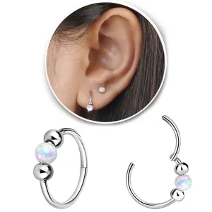 2 Pcs Small Cartilage Hoop Earrings for Women Men, 18G Opal Silver Earrings Hypoallergenic 316L Surgical Steel Hinge Huggie Hoop Earrings for Helix,Tragus,Conch,Rook,Earlobe Piercing Jewelry Nose Ring