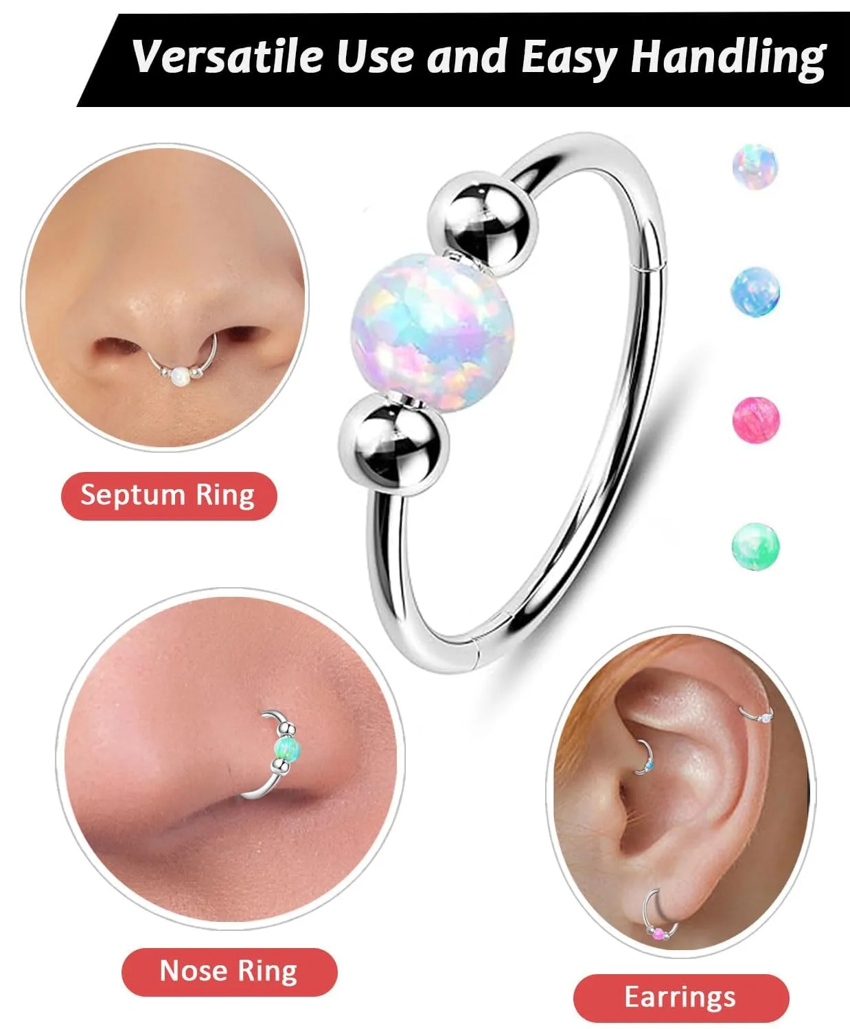 2 Pcs Small Cartilage Hoop Earrings for Women Men, 18G Opal Silver Earrings Hypoallergenic 316L Surgical Steel Hinge Huggie Hoop Earrings for Helix,Tragus,Conch,Rook,Earlobe Piercing Jewelry Nose Ring