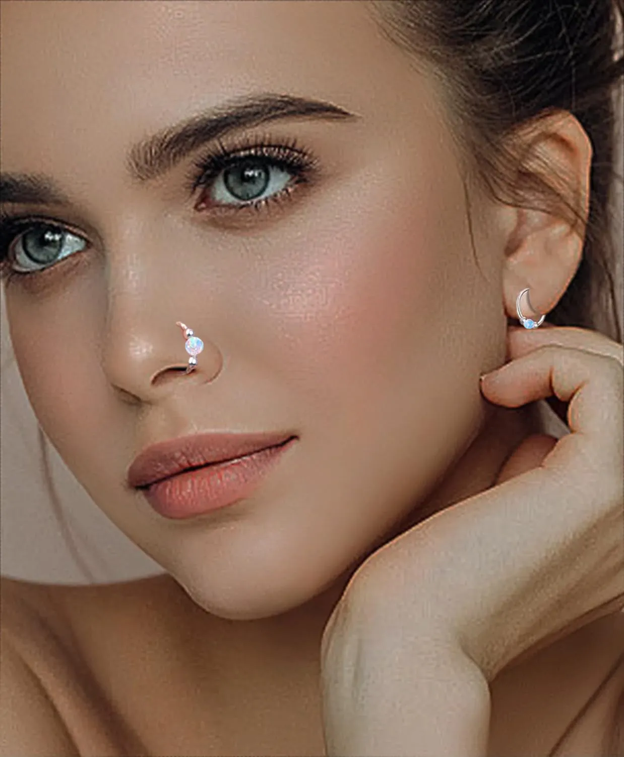 2 Pcs Small Cartilage Hoop Earrings for Women Men, 18G Opal Silver Earrings Hypoallergenic 316L Surgical Steel Hinge Huggie Hoop Earrings for Helix,Tragus,Conch,Rook,Earlobe Piercing Jewelry Nose Ring