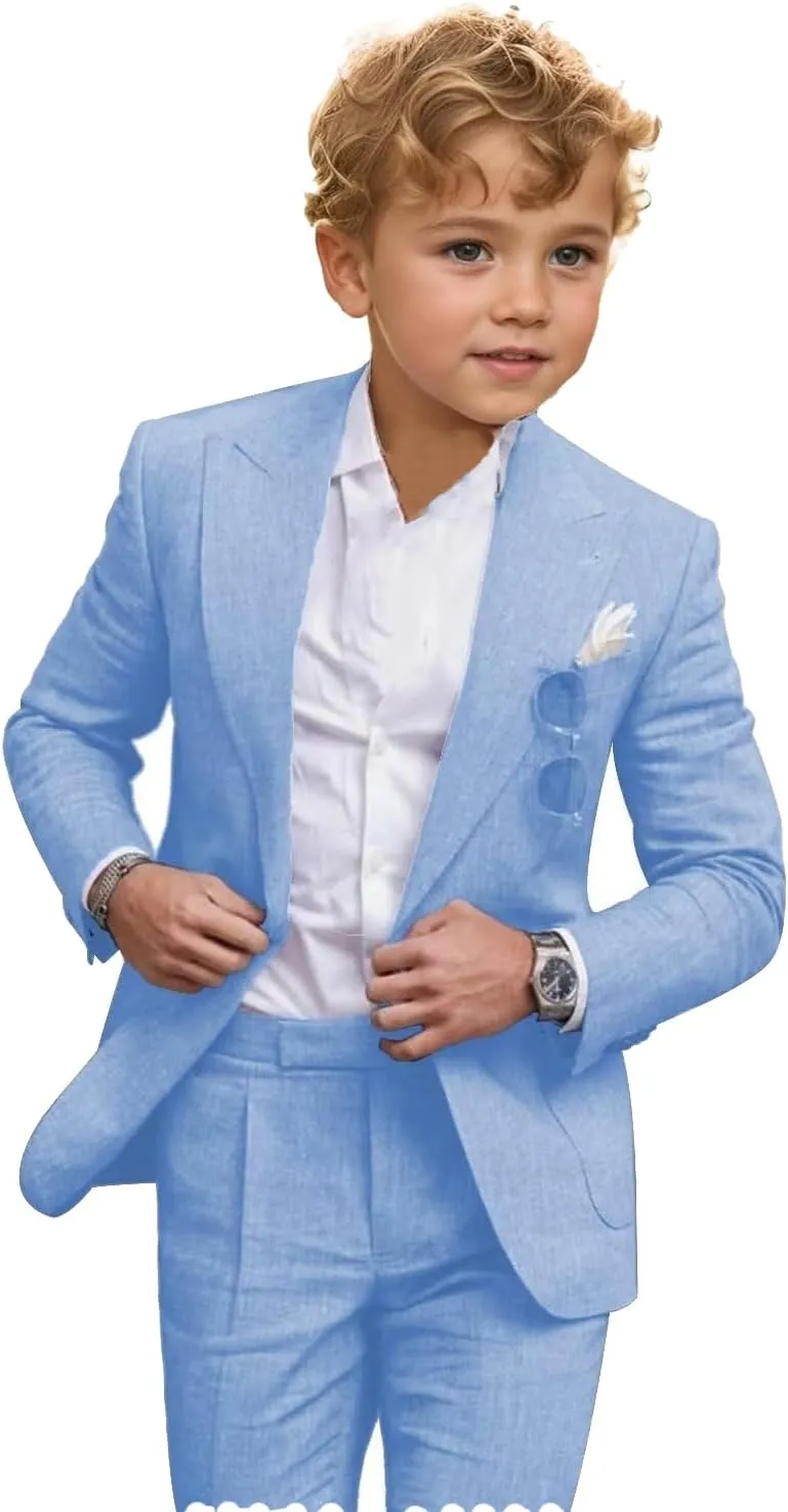 2 Piece Linen Suits for Boys Summer Beach Wedding Suit Boy Ring Bearer Outfit Casual Tuxedo