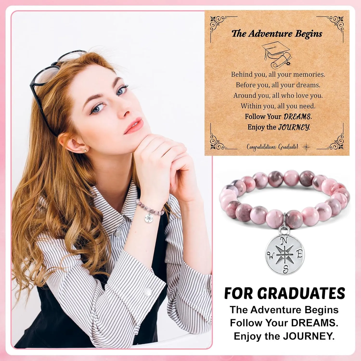 2025 Graduation Gifts for Her High School College Graduation Gifts for 5th 8th Grade Women Compass Bracelets Bulk with the adventure begins Message Card for Middle School Senior Personalized Daughter