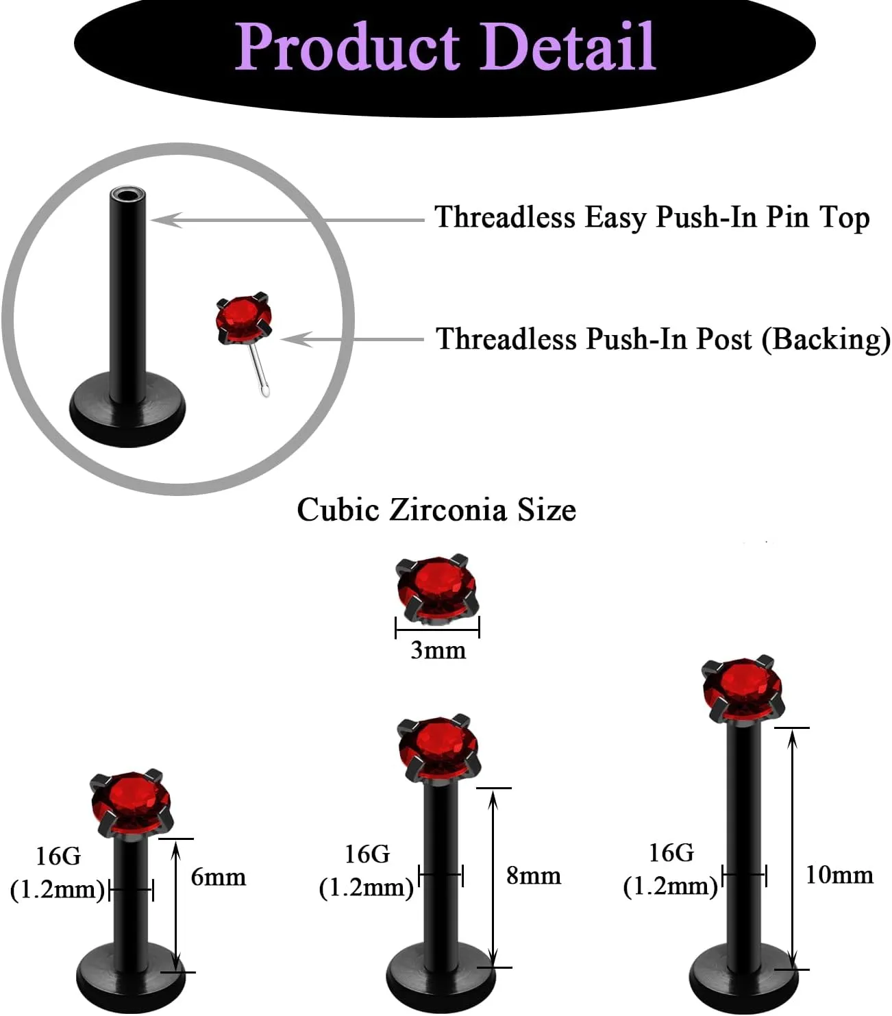 20G 18G 16G Threadless Push in Lip Ring Stainless Steel 3mm Clear CZ Stud Top 6mm 8mm 10mm Labret Tragus Nose Cartilage Daith Stud Earring Flat Back Monroe Piercing Jewelry for Women Men