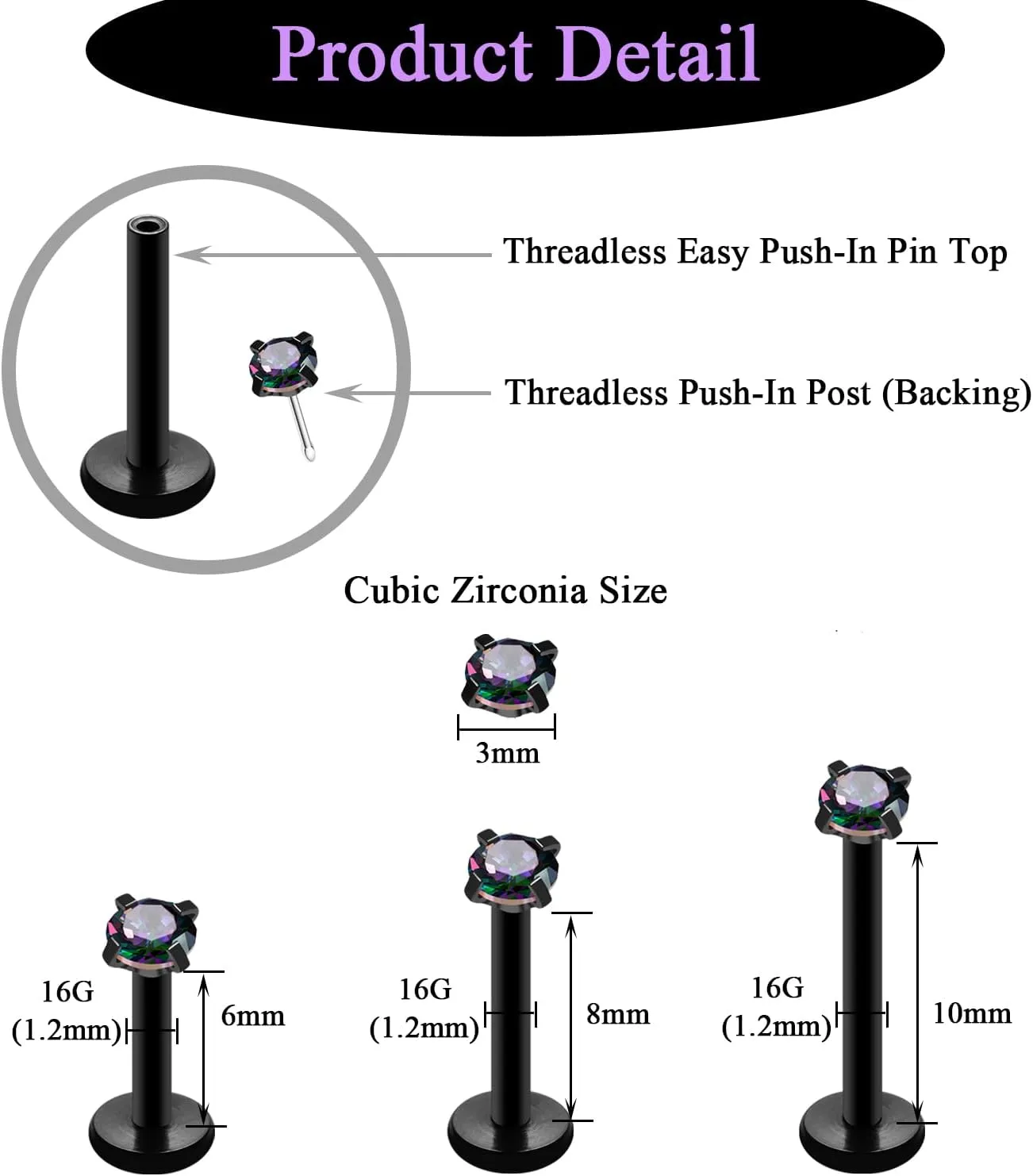 20G 18G 16G Threadless Push in Lip Ring Stainless Steel 3mm Clear CZ Stud Top 6mm 8mm 10mm Labret Tragus Nose Cartilage Daith Stud Earring Flat Back Monroe Piercing Jewelry for Women Men