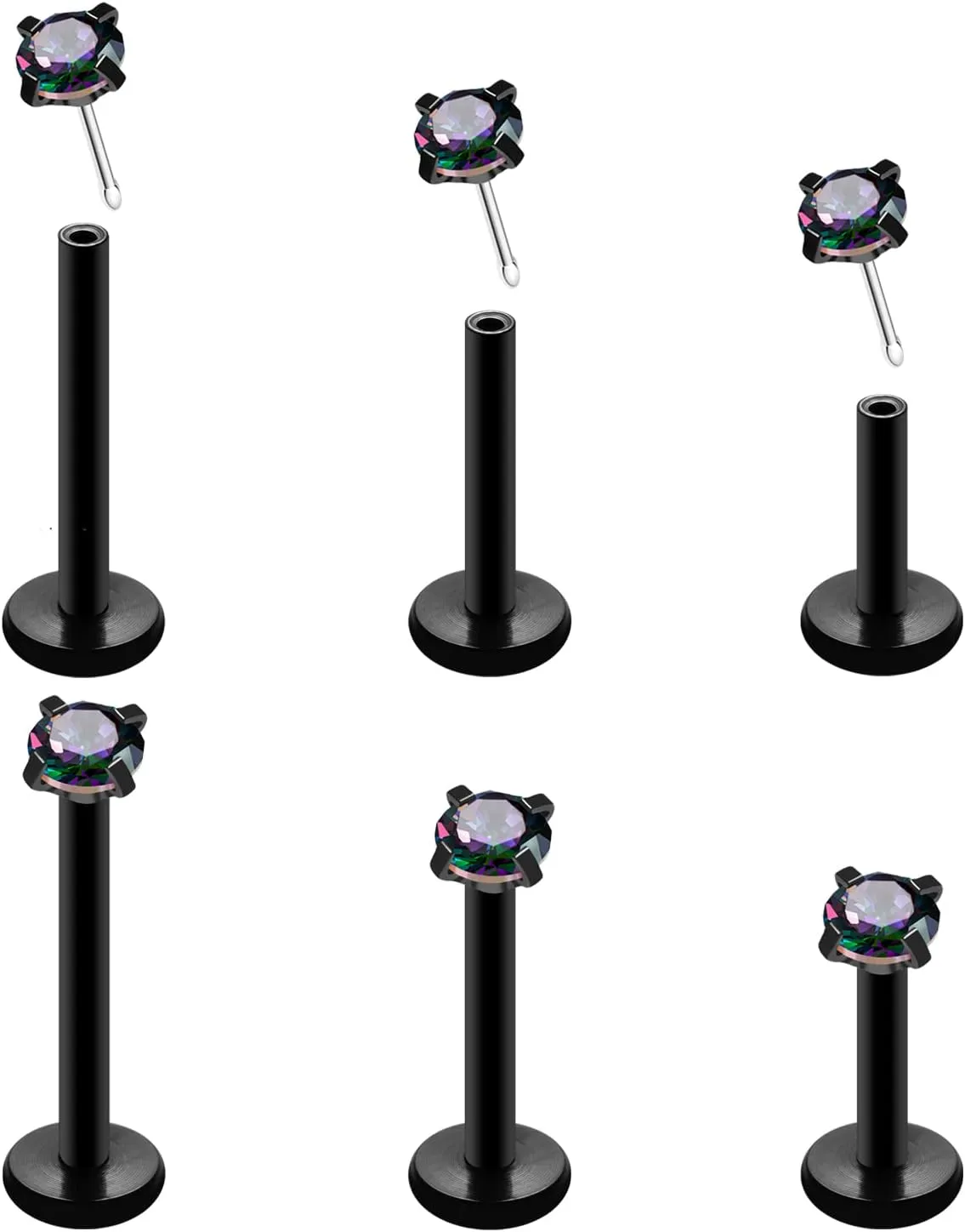 20G 18G 16G Threadless Push in Lip Ring Stainless Steel 3mm Clear CZ Stud Top 6mm 8mm 10mm Labret Tragus Nose Cartilage Daith Stud Earring Flat Back Monroe Piercing Jewelry for Women Men