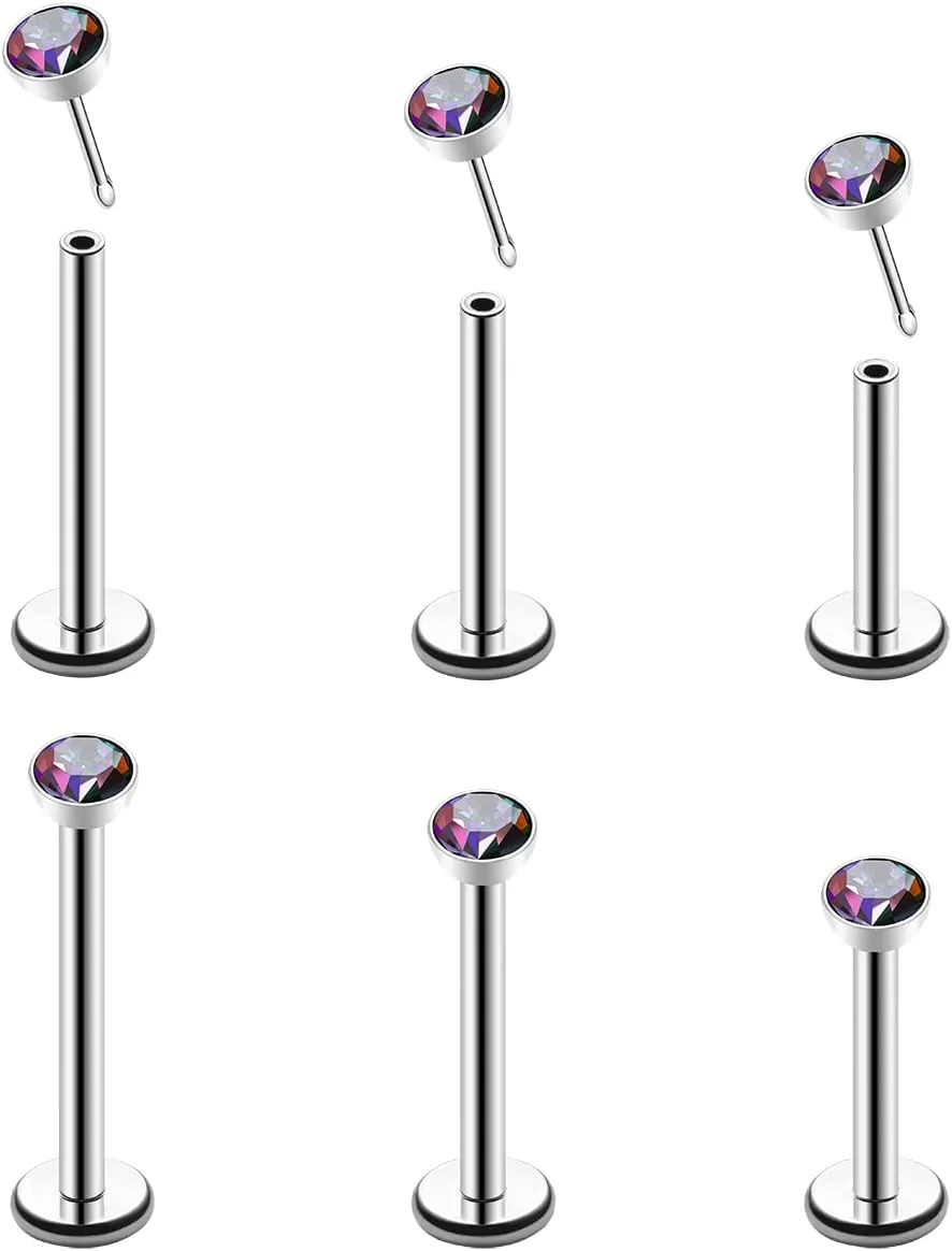 20G 18G 16G Threadless Push in Lip Ring Stainless Steel 3mm Clear CZ Stud Top 6mm 8mm 10mm Labret Tragus Nose Cartilage Daith Stud Earring Flat Back Monroe Piercing Jewelry for Women Men