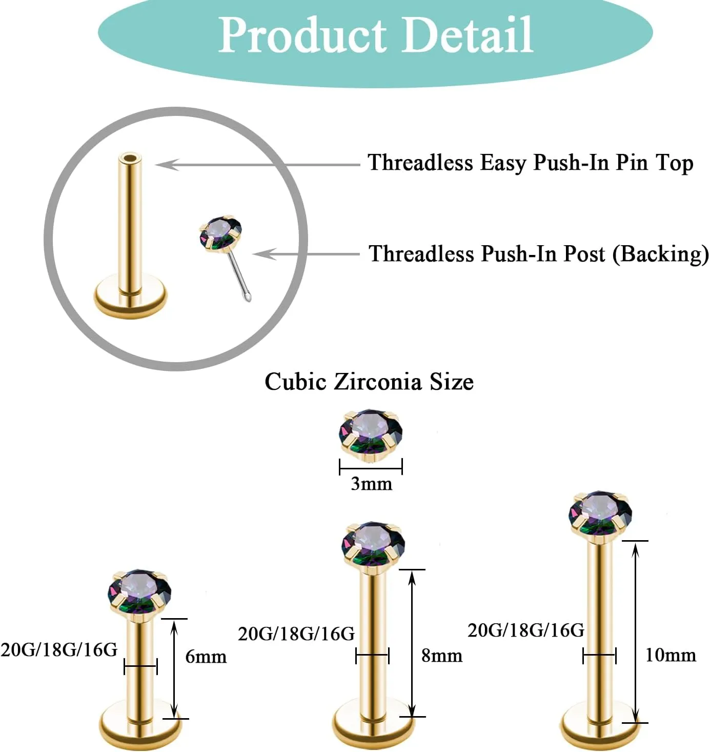 20G 18G 16G Threadless Push in Lip Ring Stainless Steel 3mm Clear CZ Stud Top 6mm 8mm 10mm Labret Tragus Nose Cartilage Daith Stud Earring Flat Back Monroe Piercing Jewelry for Women Men