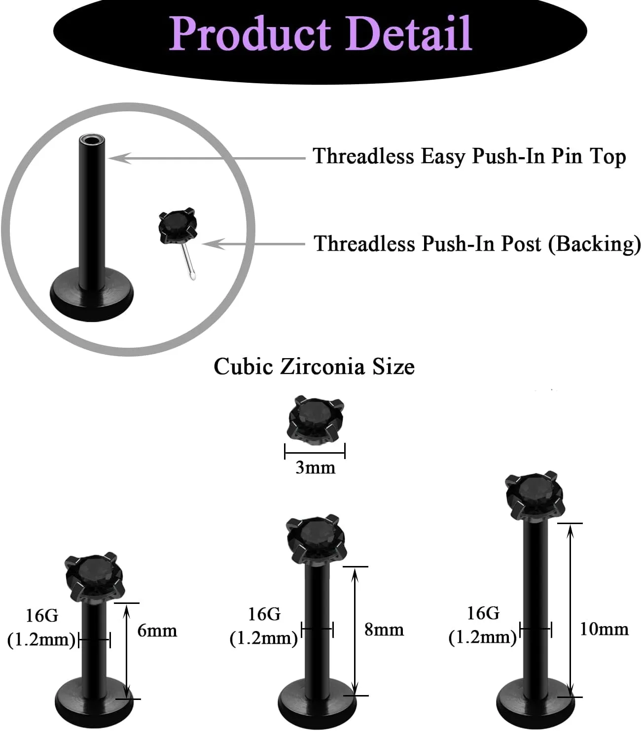 20G 18G 16G Threadless Push in Lip Ring Stainless Steel 3mm Clear CZ Stud Top 6mm 8mm 10mm Labret Tragus Nose Cartilage Daith Stud Earring Flat Back Monroe Piercing Jewelry for Women Men