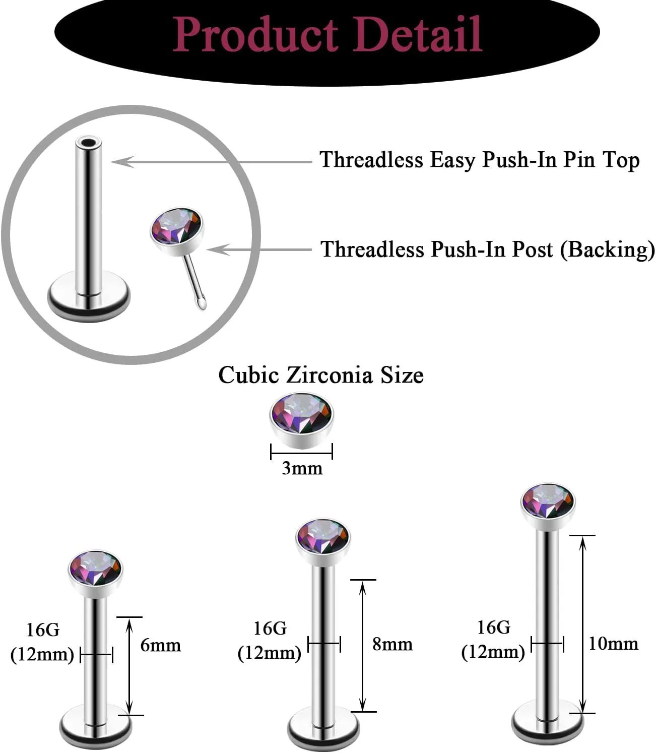 20G 18G 16G Threadless Push in Lip Ring Stainless Steel 3mm Clear CZ Stud Top 6mm 8mm 10mm Labret Tragus Nose Cartilage Daith Stud Earring Flat Back Monroe Piercing Jewelry for Women Men
