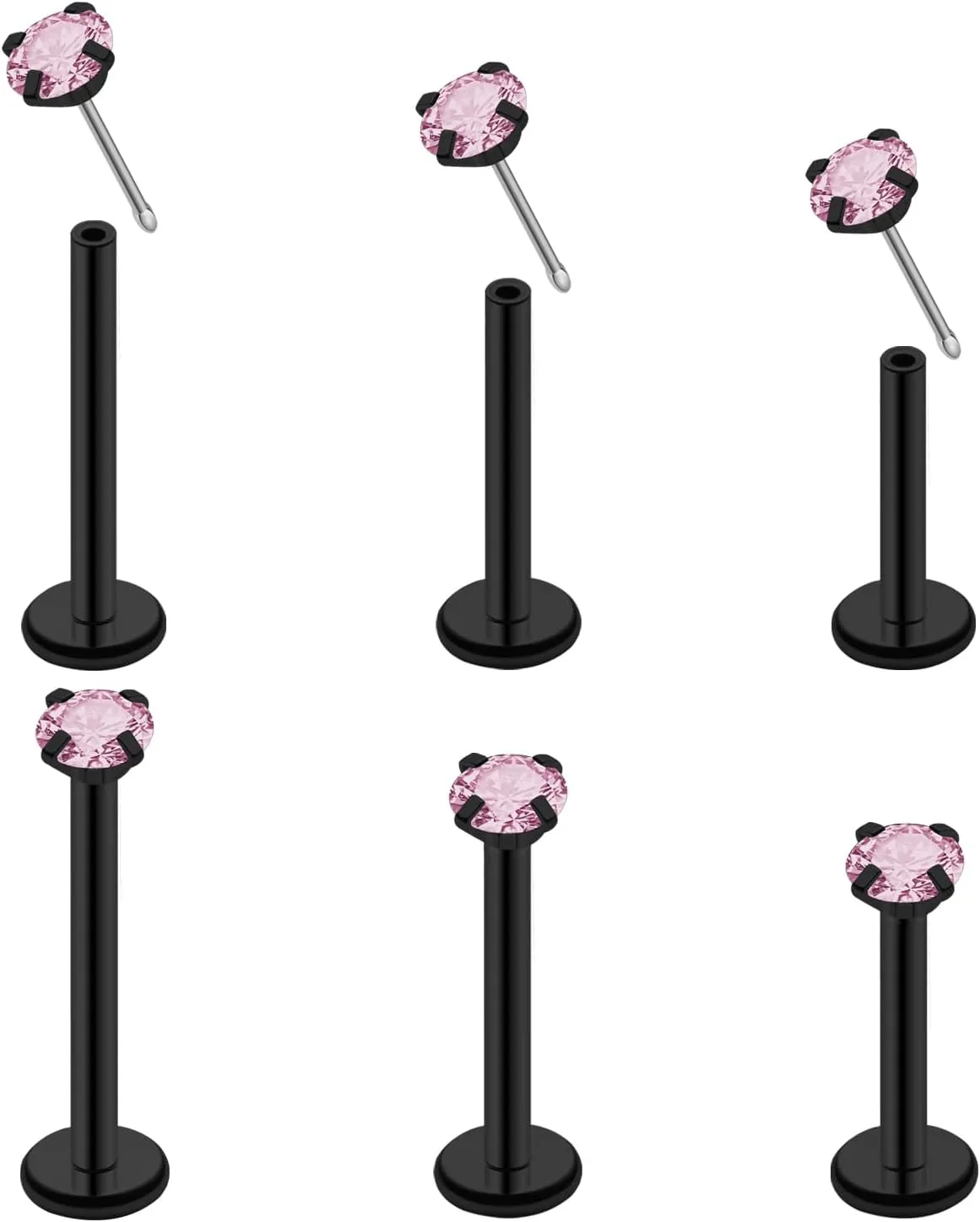 20G 18G 16G Threadless Push in Lip Ring Stainless Steel 3mm Clear CZ Stud Top 6mm 8mm 10mm Labret Tragus Nose Cartilage Daith Stud Earring Flat Back Monroe Piercing Jewelry for Women Men