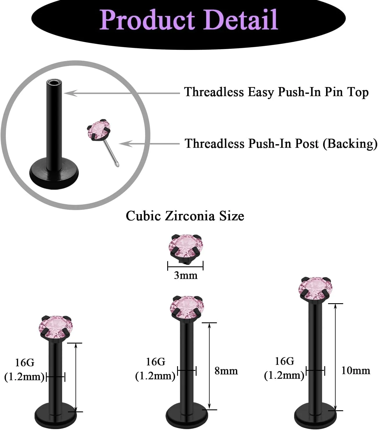 20G 18G 16G Threadless Push in Lip Ring Stainless Steel 3mm Clear CZ Stud Top 6mm 8mm 10mm Labret Tragus Nose Cartilage Daith Stud Earring Flat Back Monroe Piercing Jewelry for Women Men