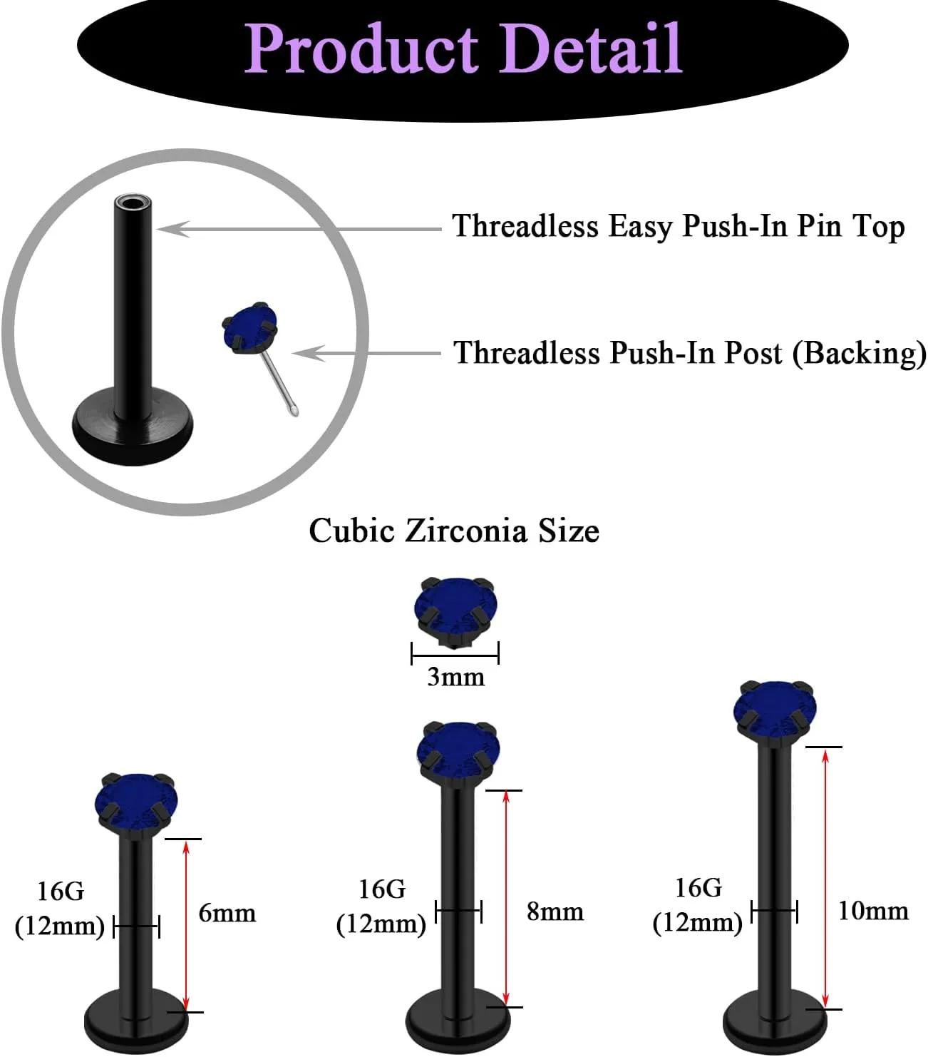 20G 18G 16G Threadless Push in Lip Ring Stainless Steel 3mm Clear CZ Stud Top 6mm 8mm 10mm Labret Tragus Nose Cartilage Daith Stud Earring Flat Back Monroe Piercing Jewelry for Women Men