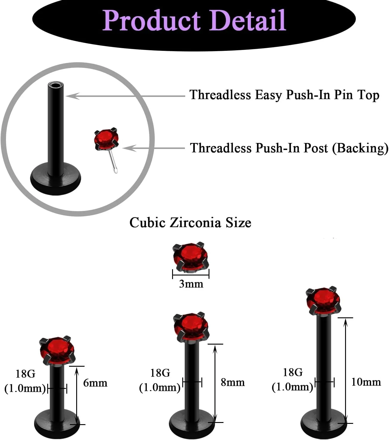 20G 18G 16G Threadless Push in Lip Ring Stainless Steel 3mm Clear CZ Stud Top 6mm 8mm 10mm Labret Tragus Nose Cartilage Daith Stud Earring Flat Back Monroe Piercing Jewelry for Women Men
