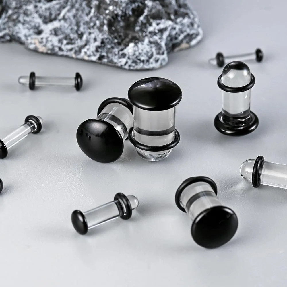 24 PCS/14PCS/10 PCS Glass Ear Gauges Stretching Kit Short Taper Expander, 14G-00G Comfy Dead Stretching Plugs with Rubber Rings, Crazy Domed Body Piercing Jewelry Set