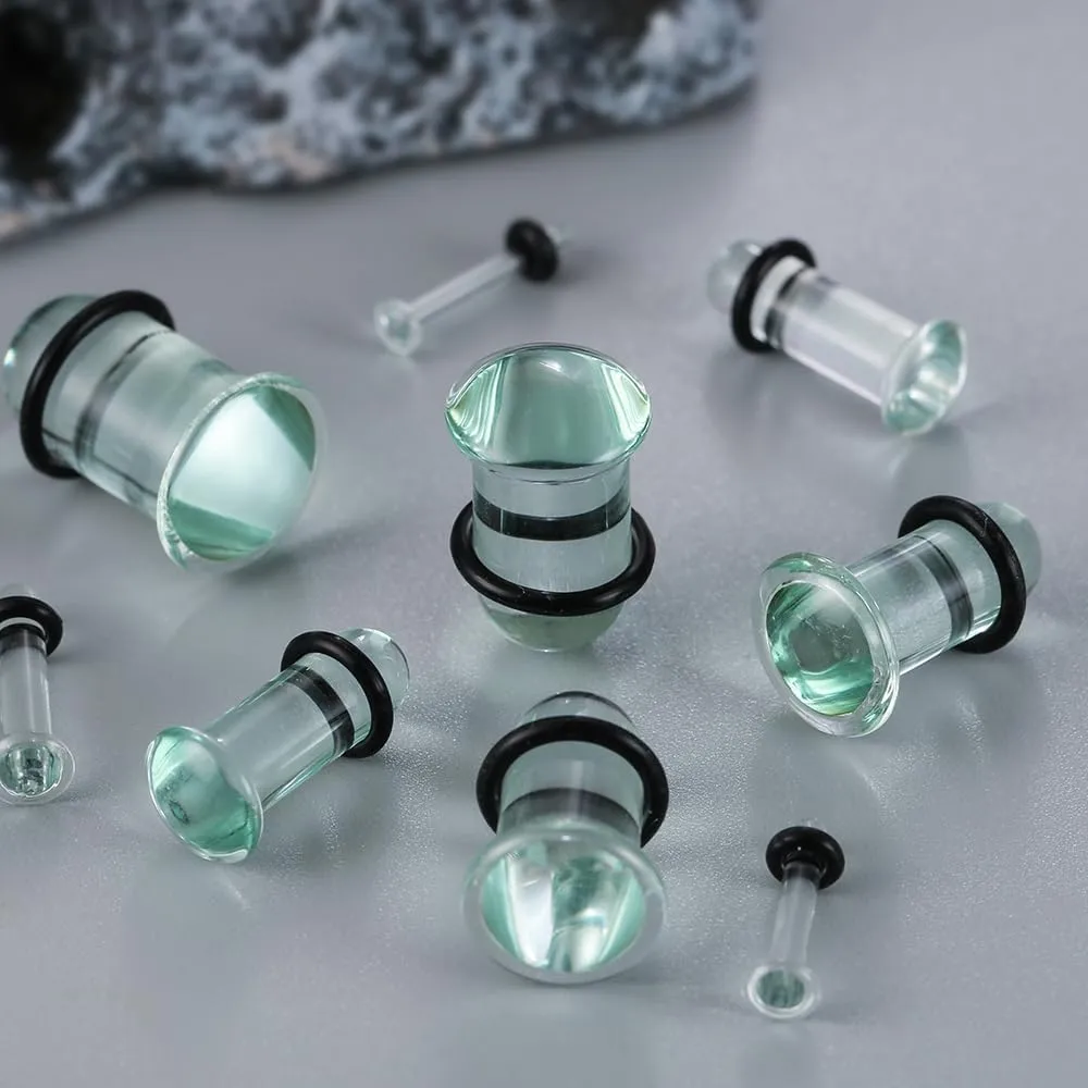 24 PCS/14PCS/10 PCS Glass Ear Gauges Stretching Kit Short Taper Expander, 14G-00G Comfy Dead Stretching Plugs with Rubber Rings, Crazy Domed Body Piercing Jewelry Set