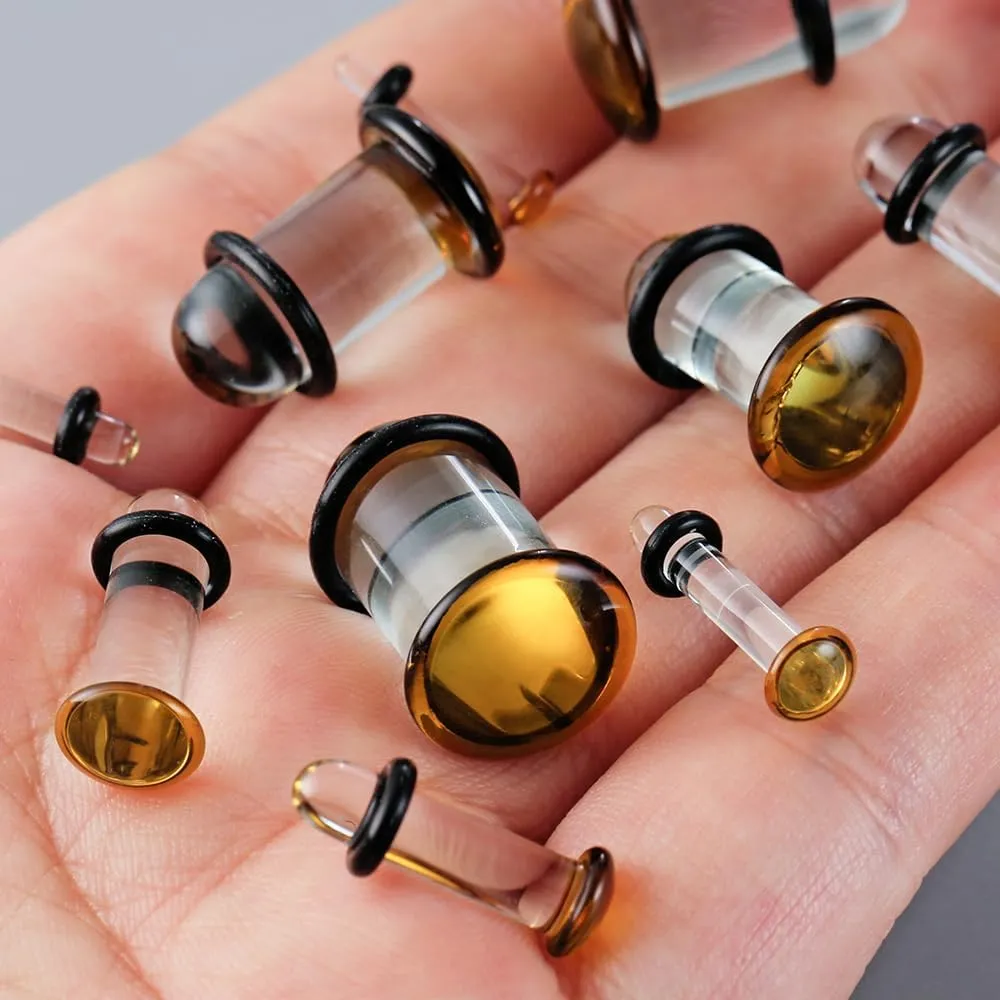 24 PCS/14PCS/10 PCS Glass Ear Gauges Stretching Kit Short Taper Expander, 14G-00G Comfy Dead Stretching Plugs with Rubber Rings, Crazy Domed Body Piercing Jewelry Set