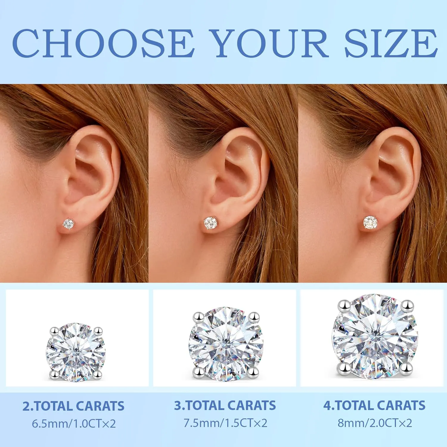 2ct-4ct CZ 925 Sterling Silver with 18K White Gold Plated Cubic Zirconia Stud Earrings for Women/Men, Hypoallergenic Flat Back Birthday Gifts Square Round Girlfriend Wife Wedding Engagement Jewelry