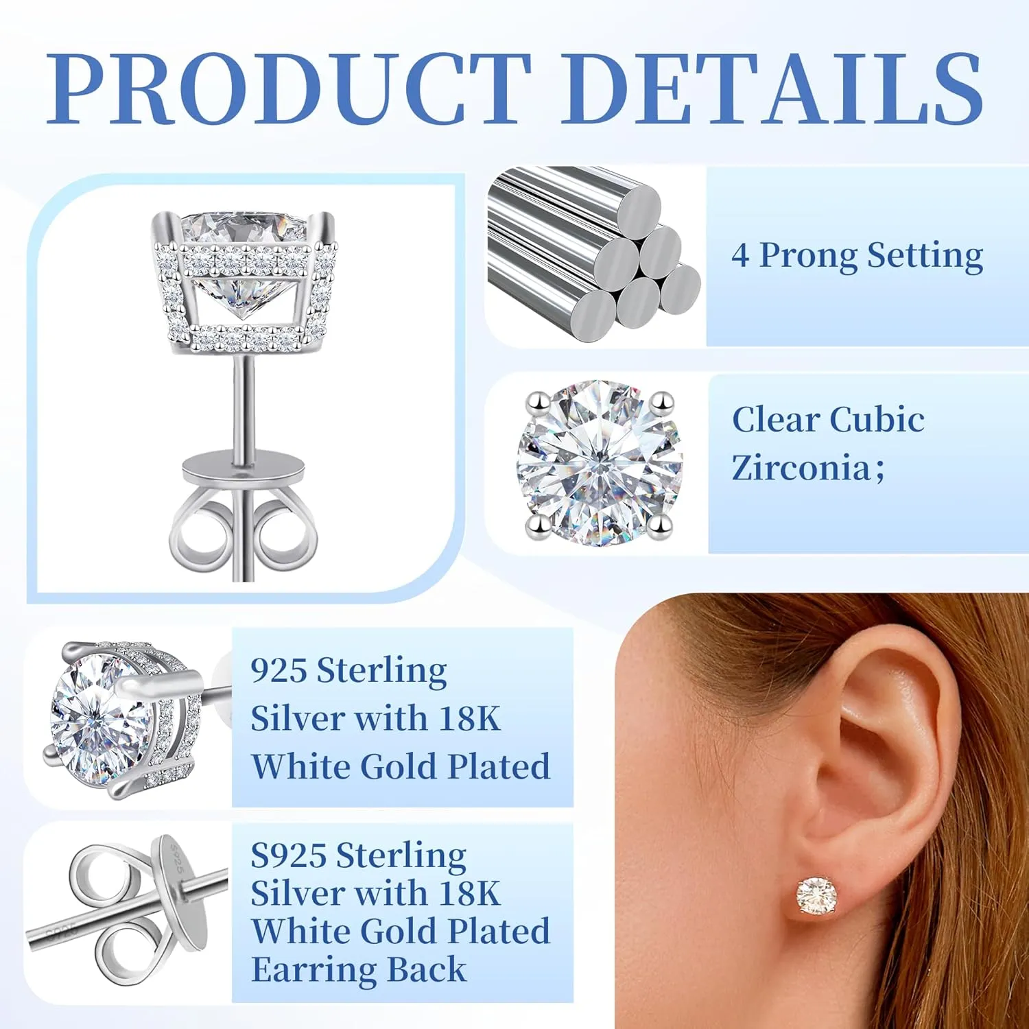 2ct-4ct CZ 925 Sterling Silver with 18K White Gold Plated Cubic Zirconia Stud Earrings for Women/Men, Hypoallergenic Flat Back Birthday Gifts Square Round Girlfriend Wife Wedding Engagement Jewelry