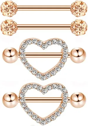 2Pairs 14G Stainless Steel Nipple Rings Glitter CZ Heart Ball Straight Barbell Bars Tongue Ring 16mm(5/8Inch) Body Piercing Jewelry Set
