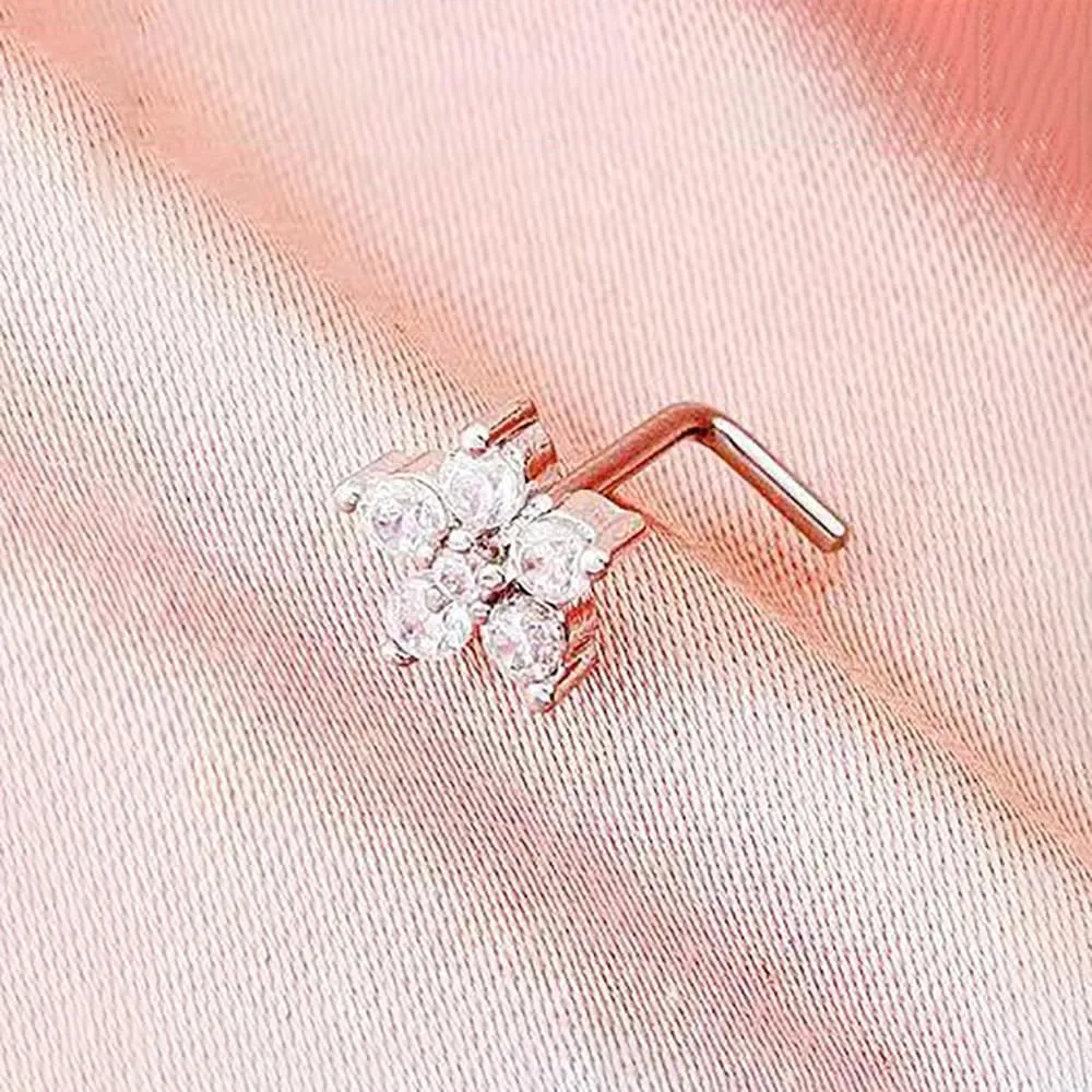 2Pcs 20G CZ Flower L-Shaped Nose Studs Rings for Women Dainty Surgical Stainless Steel Nose Rings Studs L Bend Screws Sparkling Nostril Piercing Jewelry