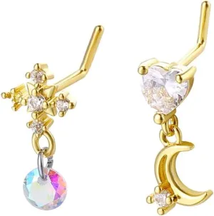 2Pcs 20G CZ Heart Cross Dangle Nose Rings for Women 316L Surgical Steel L-Shaped Nose Rings Studs Screw Dangling Nose Nostril Piercing Jewelry
