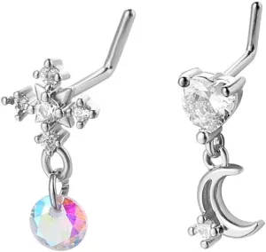 2Pcs 20G CZ Heart Cross Dangle Nose Rings for Women 316L Surgical Steel L-Shaped Nose Rings Studs Screw Dangling Nose Nostril Piercing Jewelry