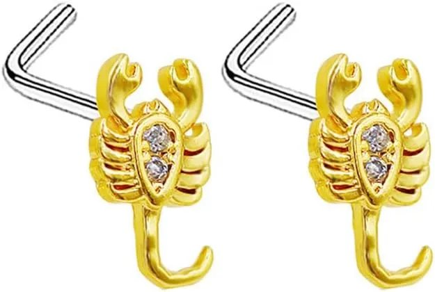 2Pcs 20G Scorpion L-Shaped Nose Rings Studs for Women Girls Stainless Steel CZ Stud Nose Rings Hypoallergenic Nose Screws Nose Piercing Jewelry