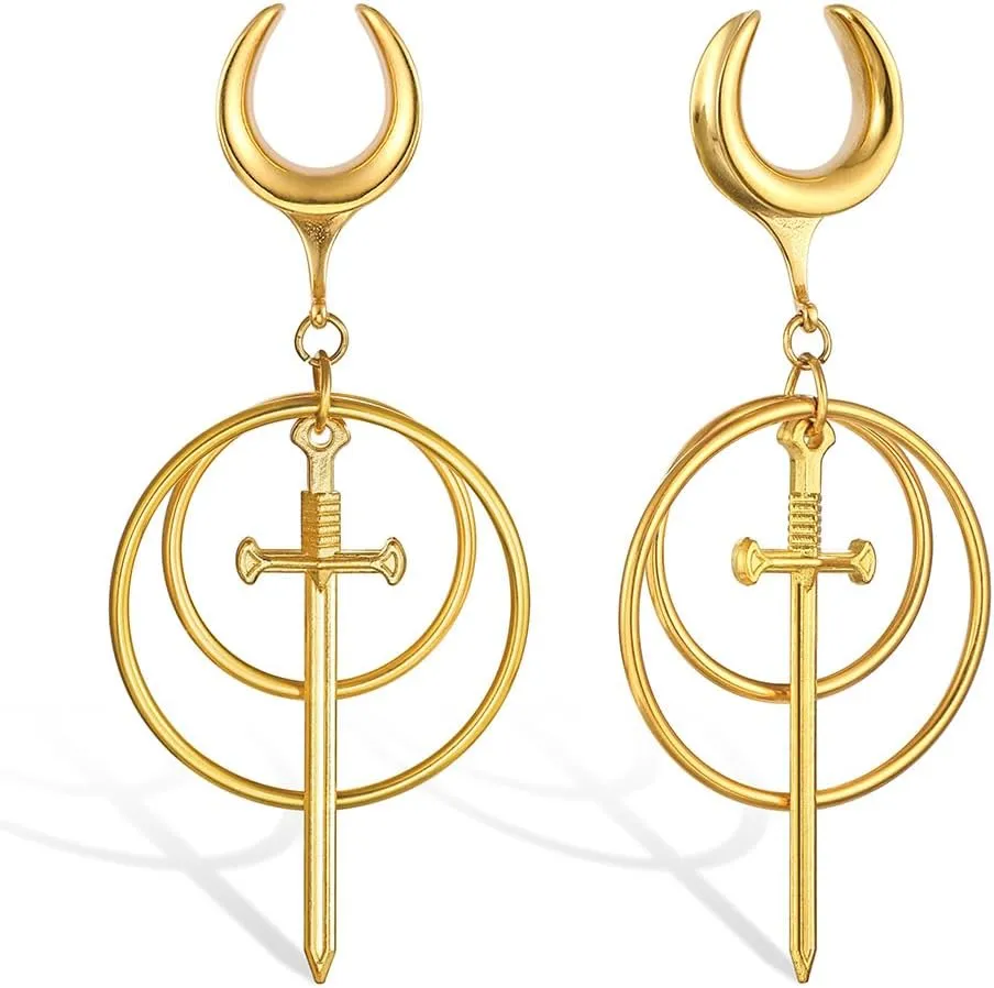 2Pcs Gold Saddle Plugs with Charm Crystals Chain Dangle Gauges Piercing Jewelry for Daily and Wedding, Surgical Steel Size 2g - 1 inch Ear Plugs Tunnels Gauges for Ears Stretching Expander Body Jewelry