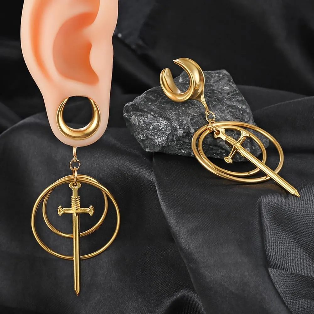 2Pcs Gold Saddle Plugs with Charm Crystals Chain Dangle Gauges Piercing Jewelry for Daily and Wedding, Surgical Steel Size 2g - 1 inch Ear Plugs Tunnels Gauges for Ears Stretching Expander Body Jewelry