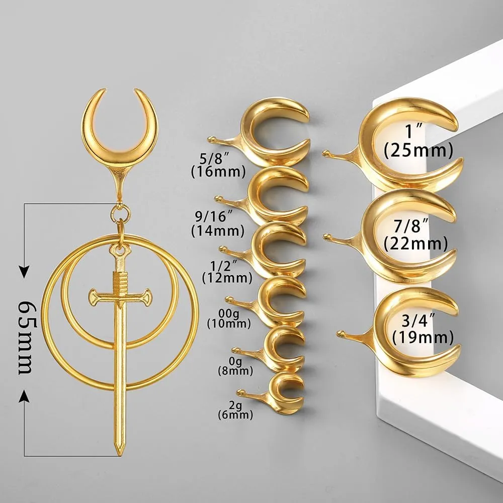 2Pcs Gold Saddle Plugs with Charm Crystals Chain Dangle Gauges Piercing Jewelry for Daily and Wedding, Surgical Steel Size 2g - 1 inch Ear Plugs Tunnels Gauges for Ears Stretching Expander Body Jewelry