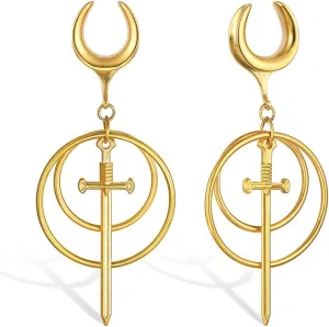 2Pcs Gold Saddle Plugs with Charm Crystals Chain Dangle Gauges Piercing Jewelry for Daily and Wedding, Surgical Steel Size 2g - 1 inch Ear Plugs Tunnels Gauges for Ears Stretching Expander Body Jewelry