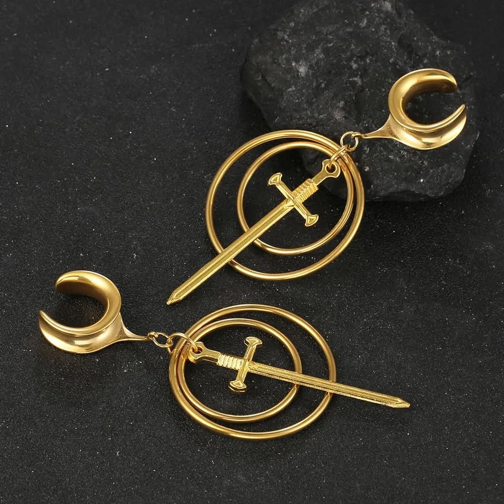 2Pcs Gold Saddle Plugs with Charm Crystals Chain Dangle Gauges Piercing Jewelry for Daily and Wedding, Surgical Steel Size 2g - 1 inch Ear Plugs Tunnels Gauges for Ears Stretching Expander Body Jewelry
