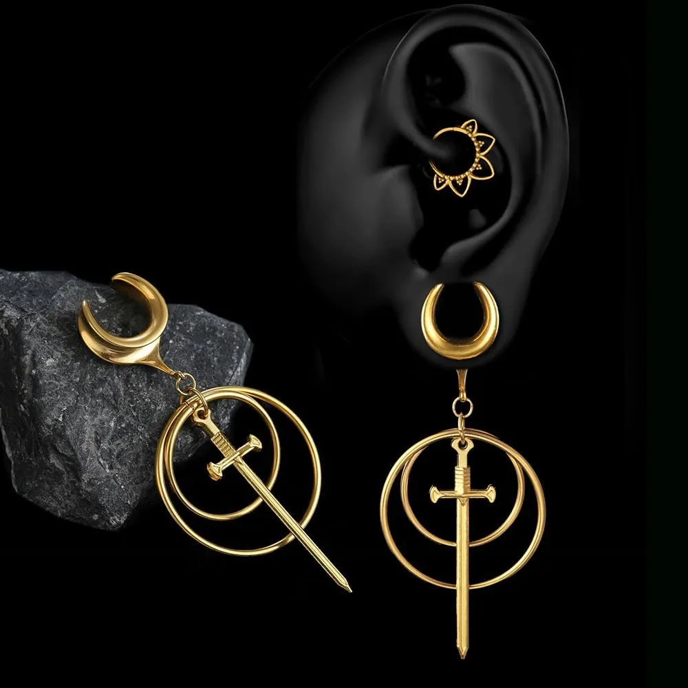 2Pcs Gold Saddle Plugs with Charm Crystals Chain Dangle Gauges Piercing Jewelry for Daily and Wedding, Surgical Steel Size 2g - 1 inch Ear Plugs Tunnels Gauges for Ears Stretching Expander Body Jewelry