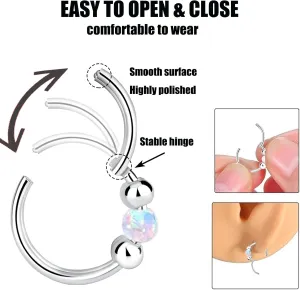 2Pcs Nose Rings Hoops Opal Nose Piercings Jewelry 316L Surgical Steel Hypoallergenic Silver Septum Hoop Nose Ring for Women 18G Hinged Helix Rook Conch Cartilage Daith Tragus Earring
