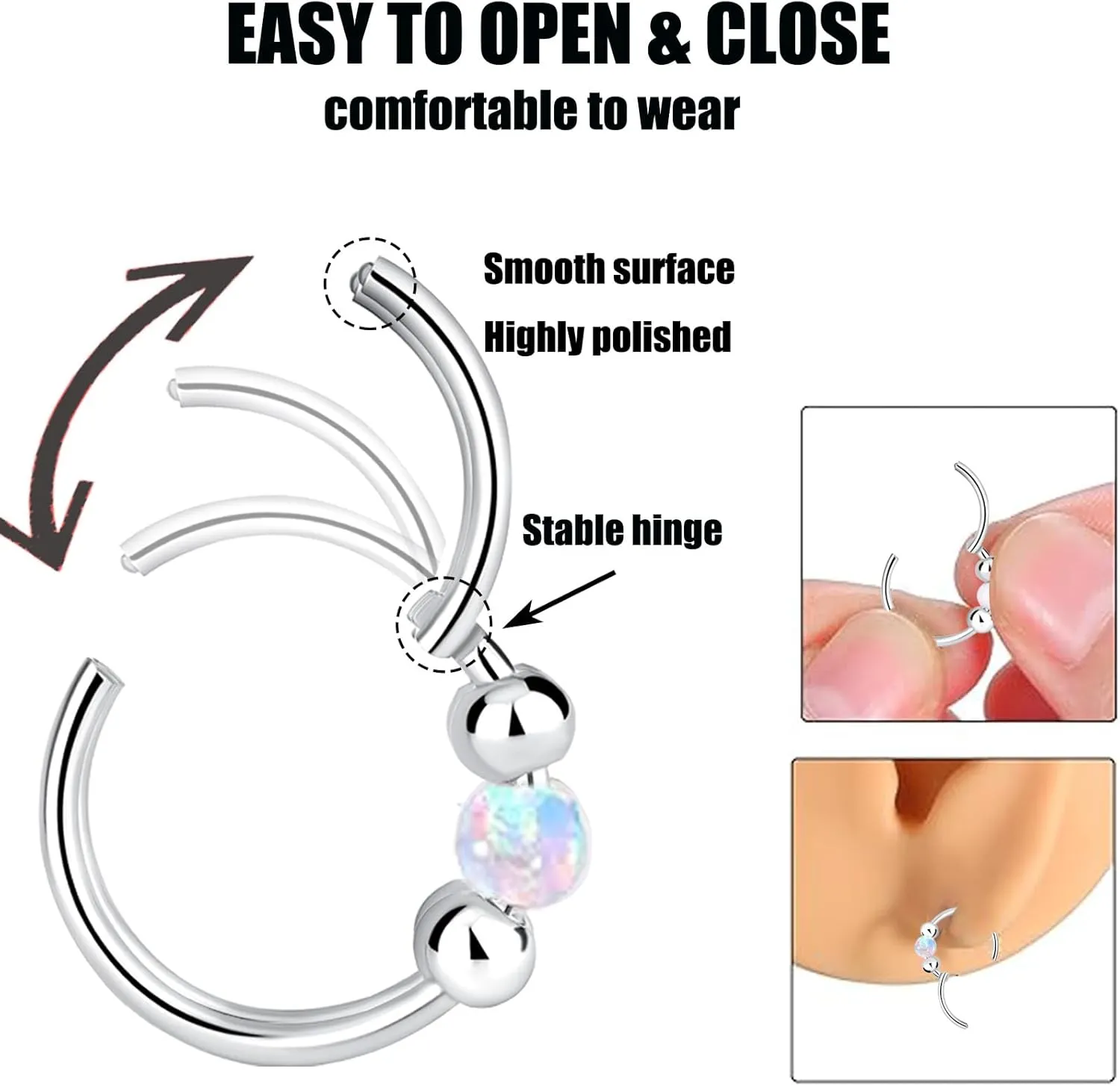 2Pcs Nose Rings Hoops Opal Nose Piercings Jewelry 316L Surgical Steel Hypoallergenic Silver Septum Hoop Nose Ring for Women 18G Hinged Helix Rook Conch Cartilage Daith Tragus Earring