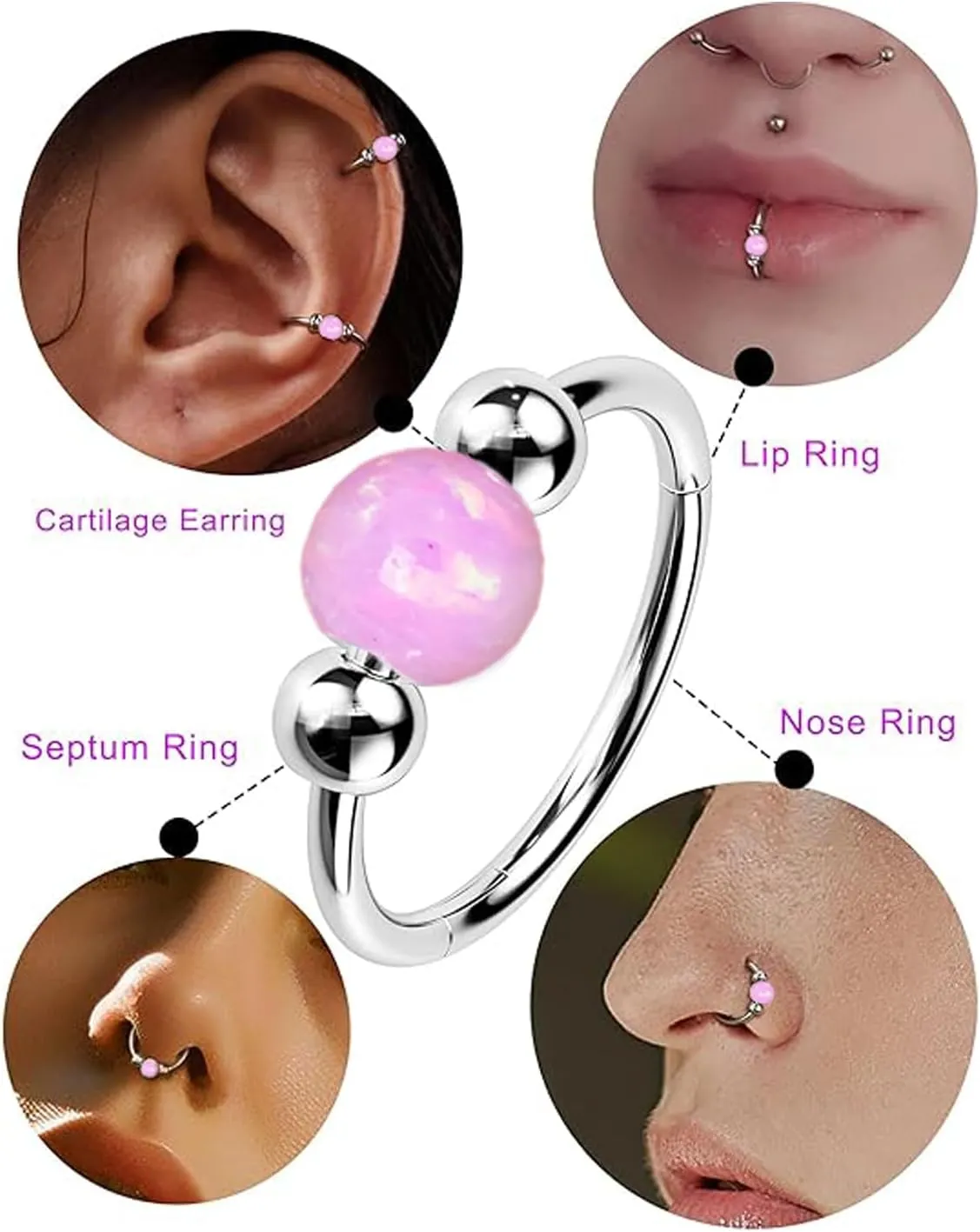 2PCS Opal Nose Rings for Women 8mm/10mm 316L Surgical Steel Septum Ring Silver Opal Nose Piercing Hoops Ring White Red Beaded Cartilage Earrings Jewelry