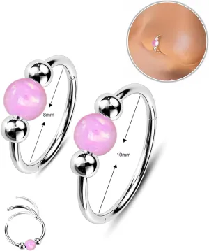 2PCS Opal Nose Rings for Women 8mm/10mm 316L Surgical Steel Septum Ring Silver Opal Nose Piercing Hoops Ring White Red Beaded Cartilage Earrings Jewelry