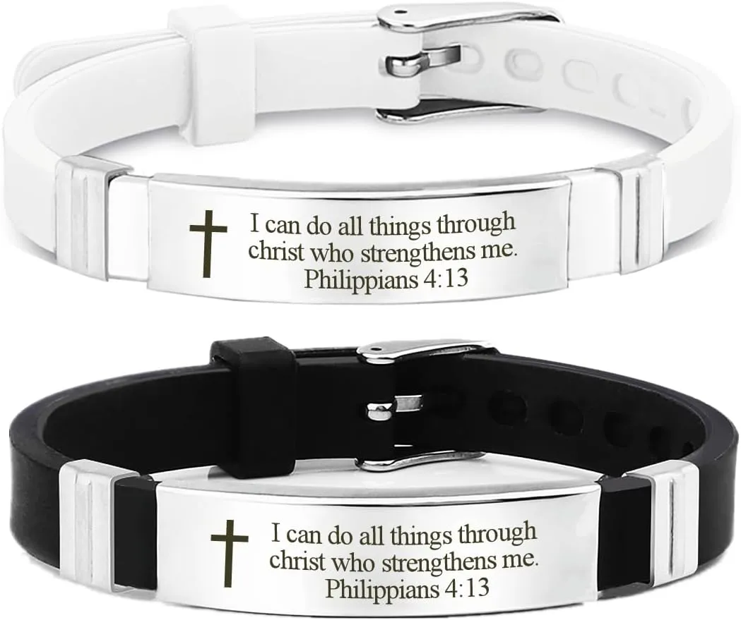 2Pcs Religious Inspirational Bible Quote Personalized Silicone Watch Bands Bracelet Adjustable Motivational Encouragement ID Bracelets for Men Women