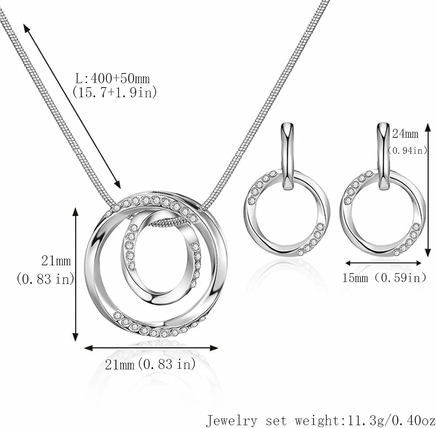 3 Circles Silver Hoop Earrings and Necklace Set for Women - 925 Plated Hypoallergenic Small Hoops