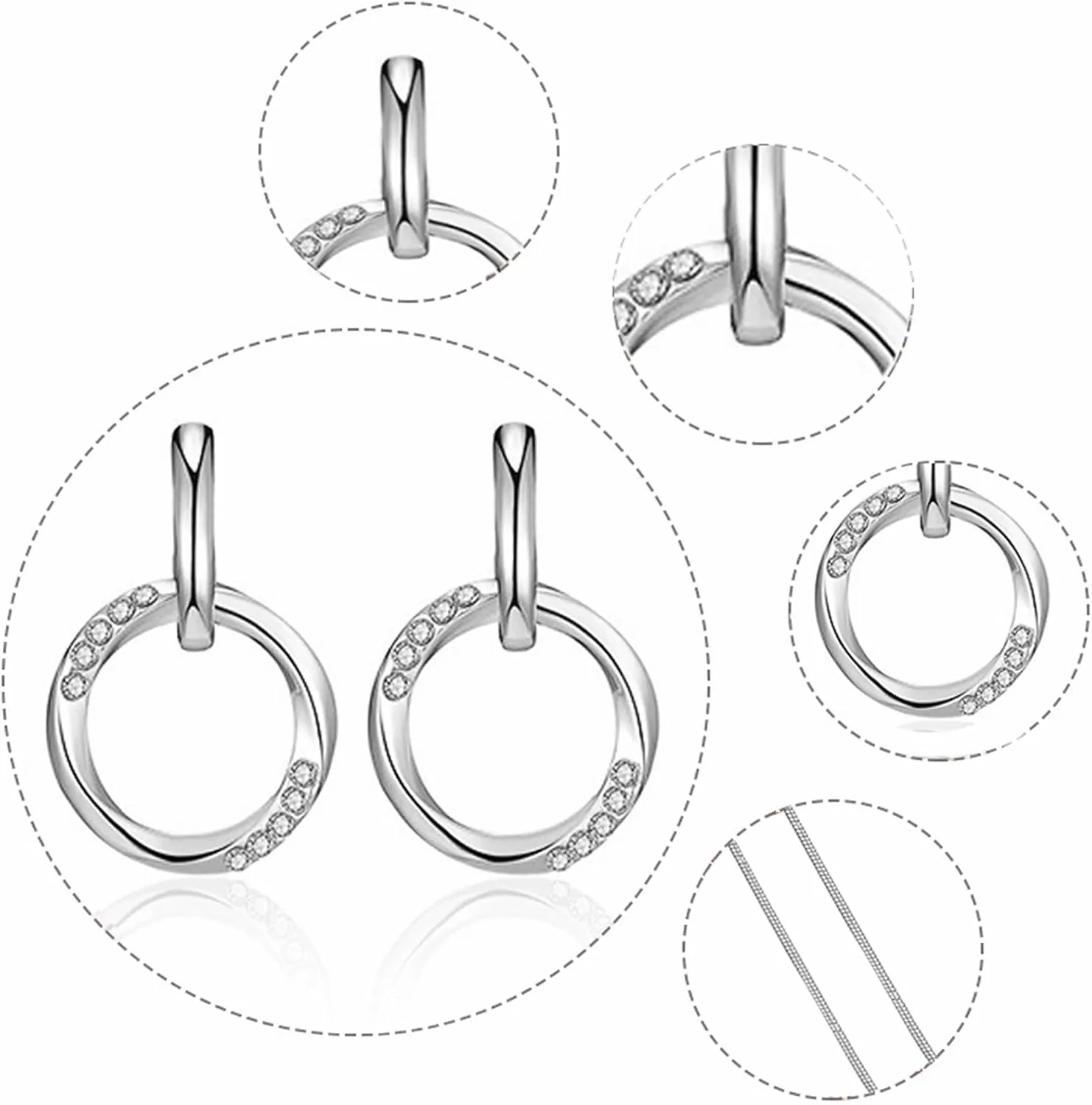3 Circles Silver Hoop Earrings and Necklace Set for Women - 925 Plated Hypoallergenic Small Hoops