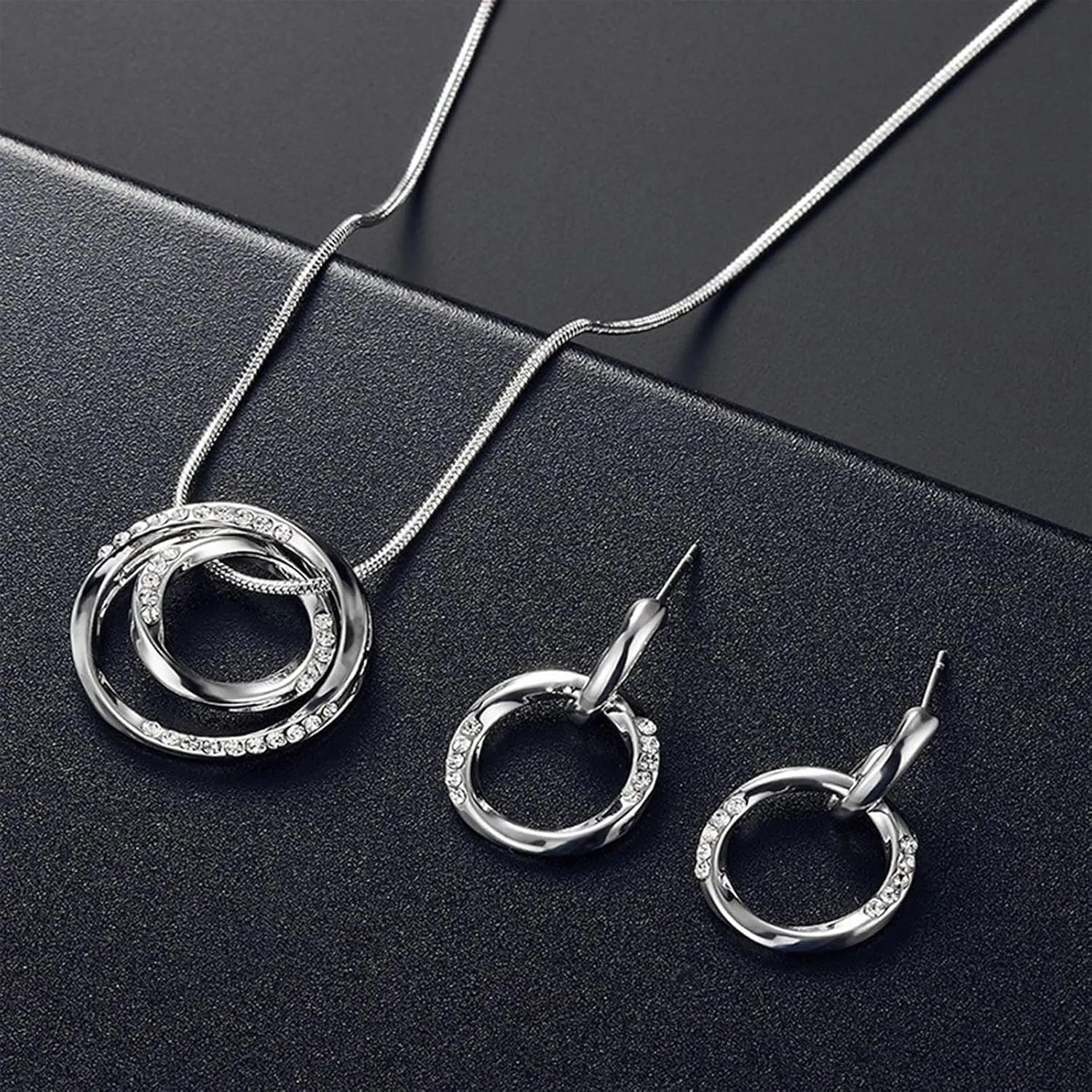 3 Circles Silver Hoop Earrings and Necklace Set for Women - 925 Plated Hypoallergenic Small Hoops