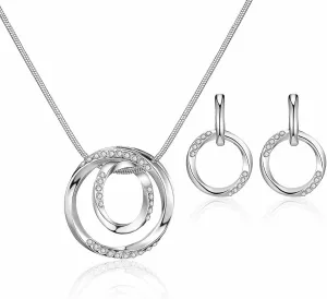 3 Circles Silver Hoop Earrings and Necklace Set for Women - 925 Plated Hypoallergenic Small Hoops