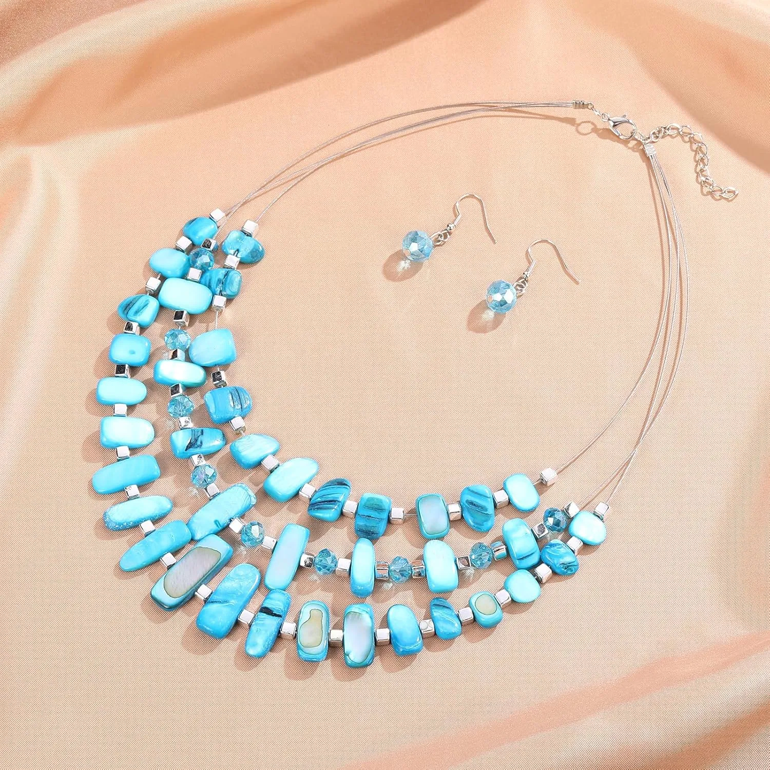 3 Layered Chunky Statement Necklace for Women Beaded Strand Necklaces with Earring Fashion Costumes Collar Necklace Jewelry Sets Gifts for Women