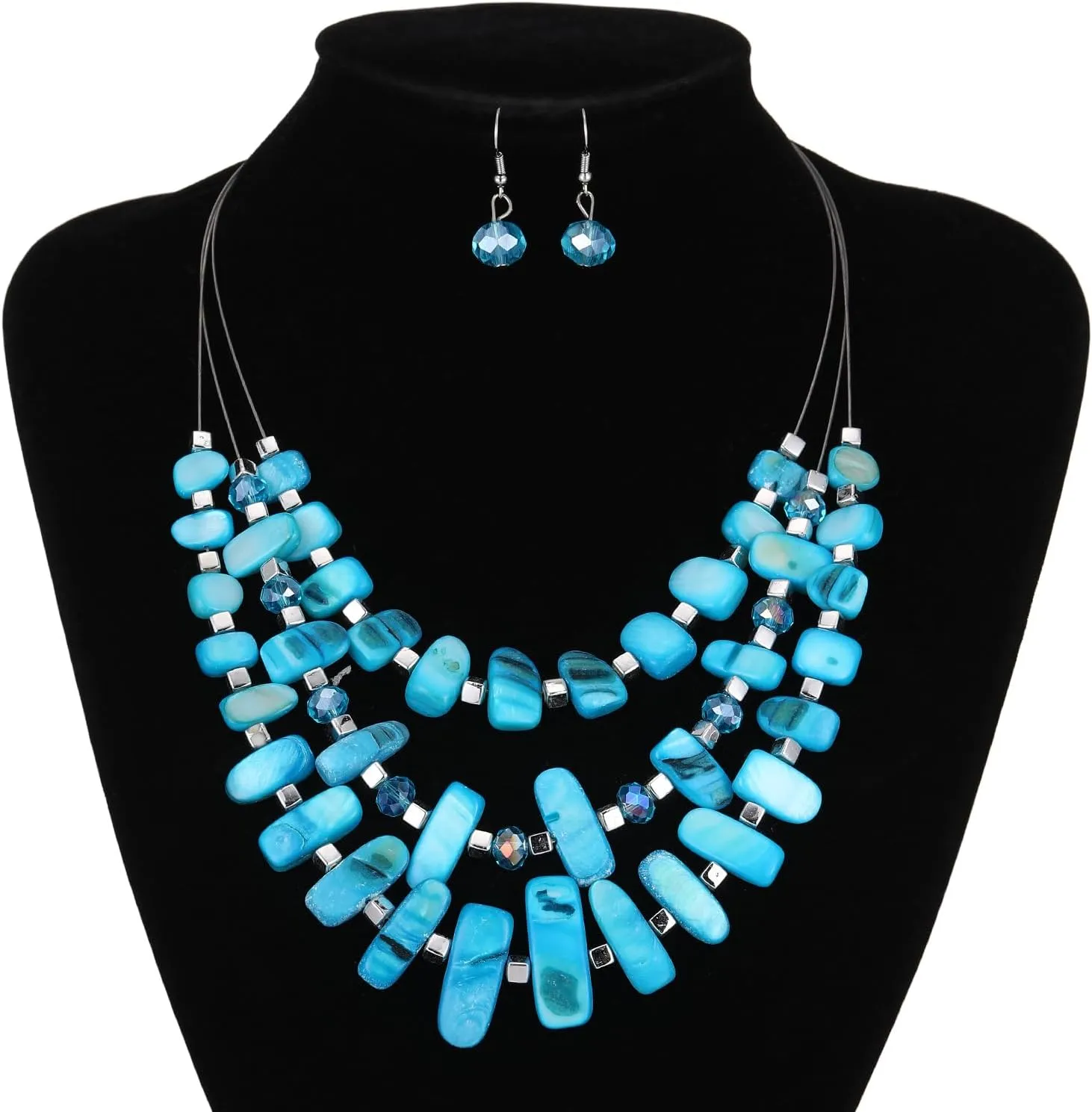 3 Layered Chunky Statement Necklace for Women Beaded Strand Necklaces with Earring Fashion Costumes Collar Necklace Jewelry Sets Gifts for Women