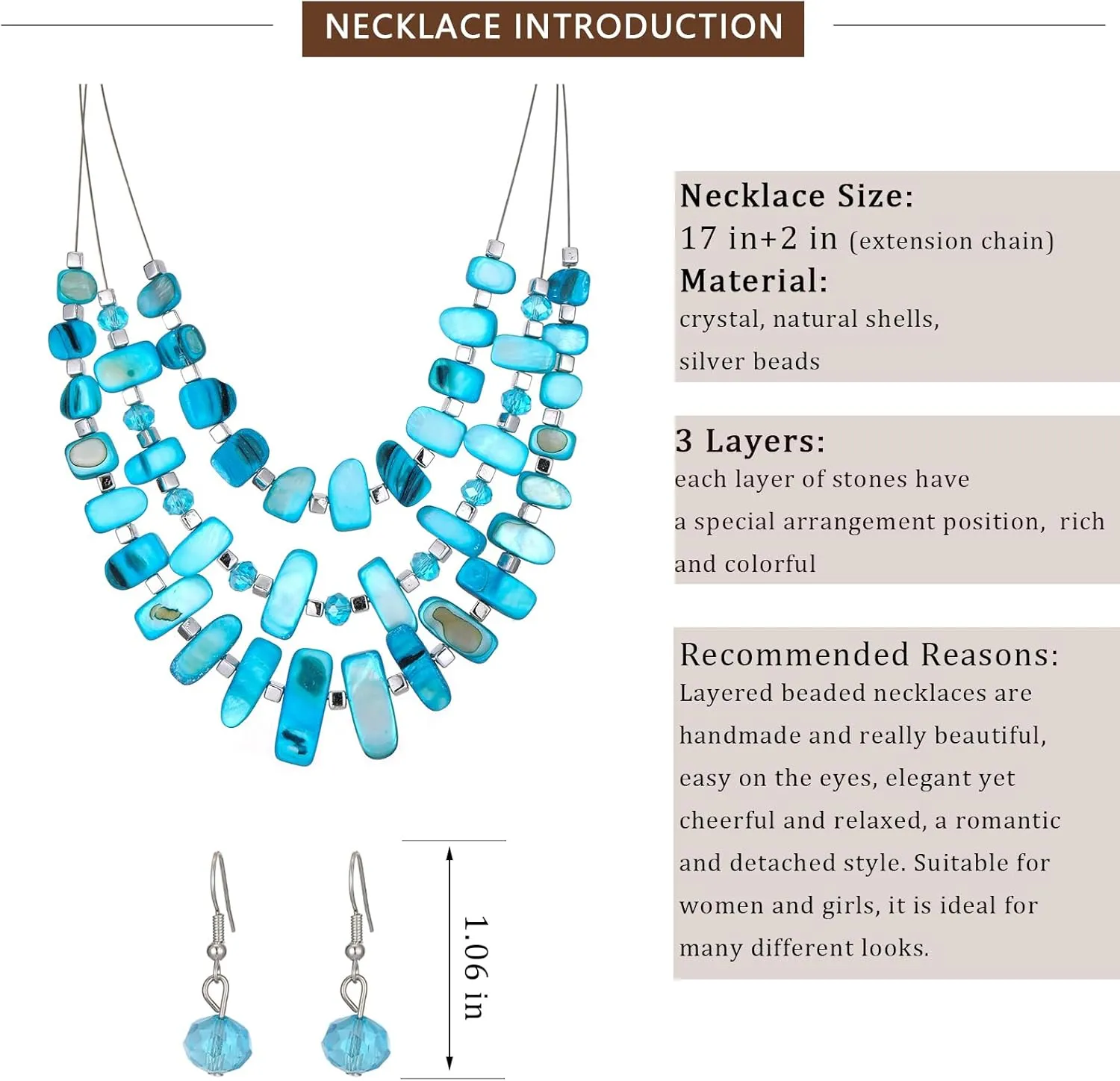 3 Layered Chunky Statement Necklace for Women Beaded Strand Necklaces with Earring Fashion Costumes Collar Necklace Jewelry Sets Gifts for Women