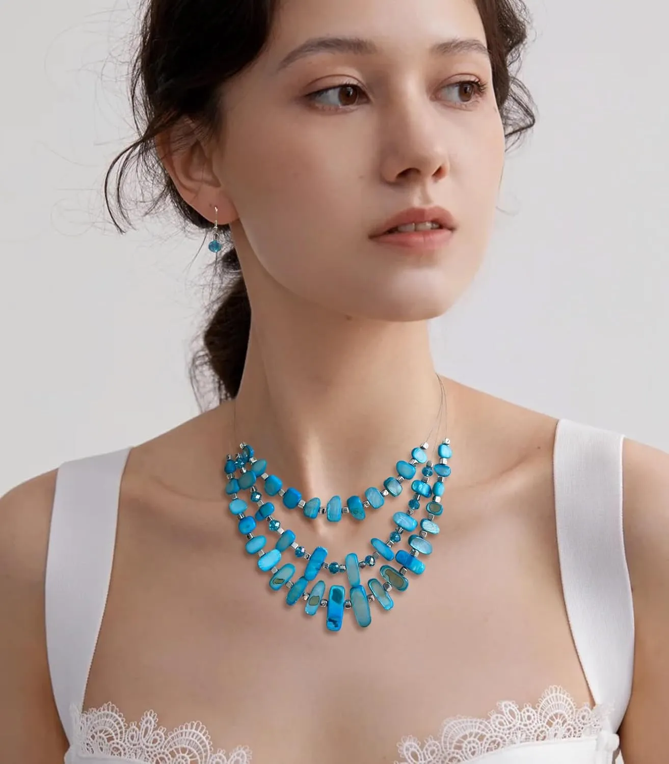 3 Layered Chunky Statement Necklace for Women Beaded Strand Necklaces with Earring Fashion Costumes Collar Necklace Jewelry Sets Gifts for Women