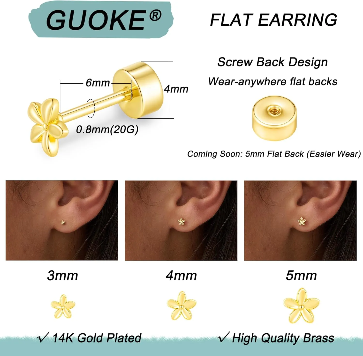 3 Pair Tiny Flat Back Stud Earrings for Women - 14K Gold Hypoallergenic Cute Small Screw Flatback Earring Set, Everyday Wear